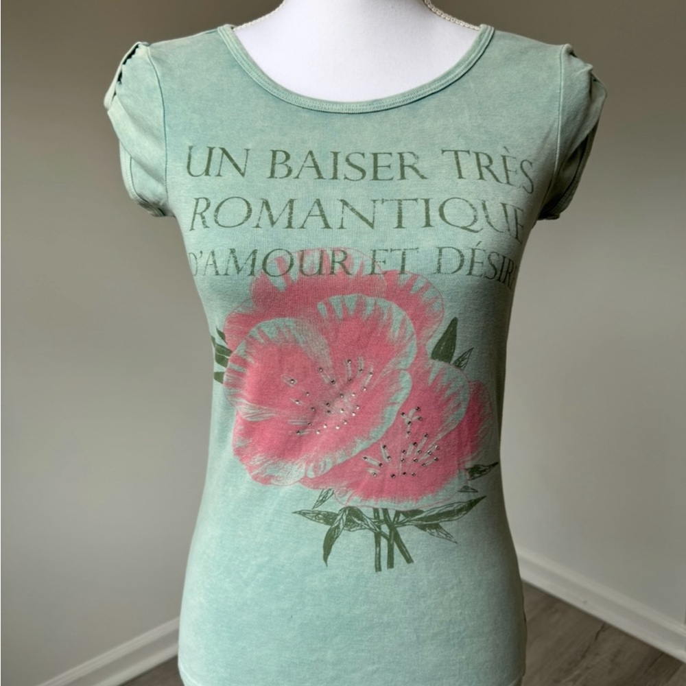 OneWorld Romantic French Floral Graphic Tee Puff Sleeve Rhinestone Sz S Y2K